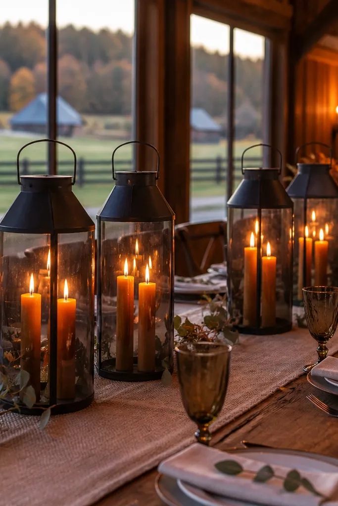 Smoked gray lanterns on a table with amber tapers inside