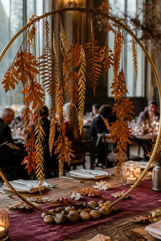 Gold wire ring centerpiece with hanging dried foliage over a table runner