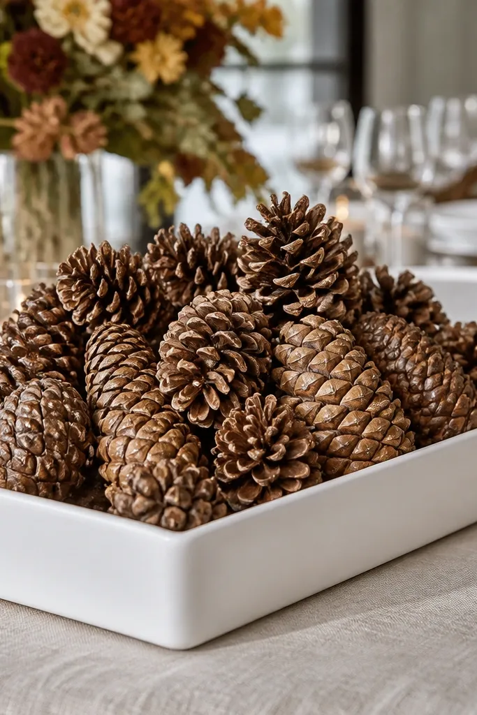 Low white trough filled with pinecones and cedar cones on a dining table