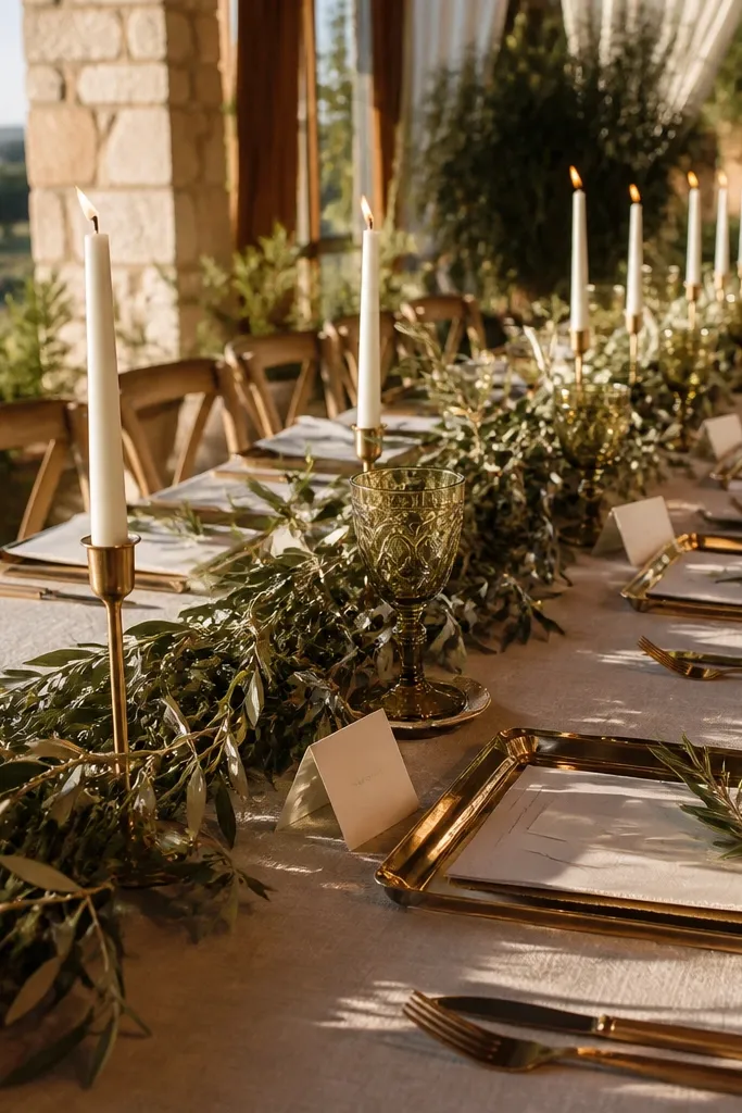 Olive branch garland with small cream tapers on gold trays across a table