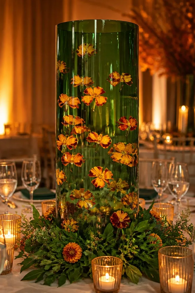 Forest green glass cylinder with floating marigold petals and a candle inside