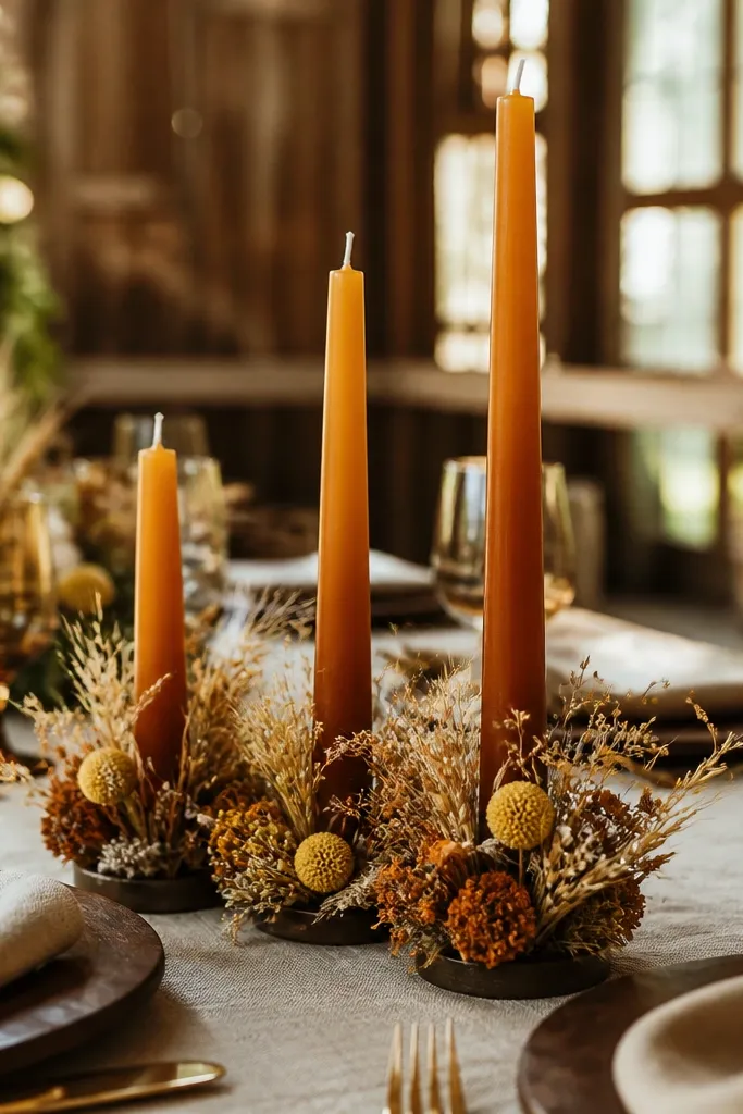 Caramel ombre tapers with small dried bouquet nests on a neutral table runner