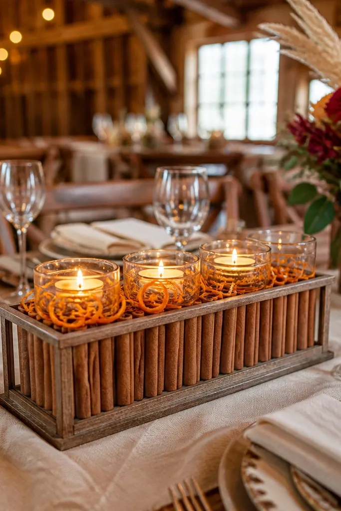 Cinnamon stick caddy with tea lights and scattered orange zest on a table