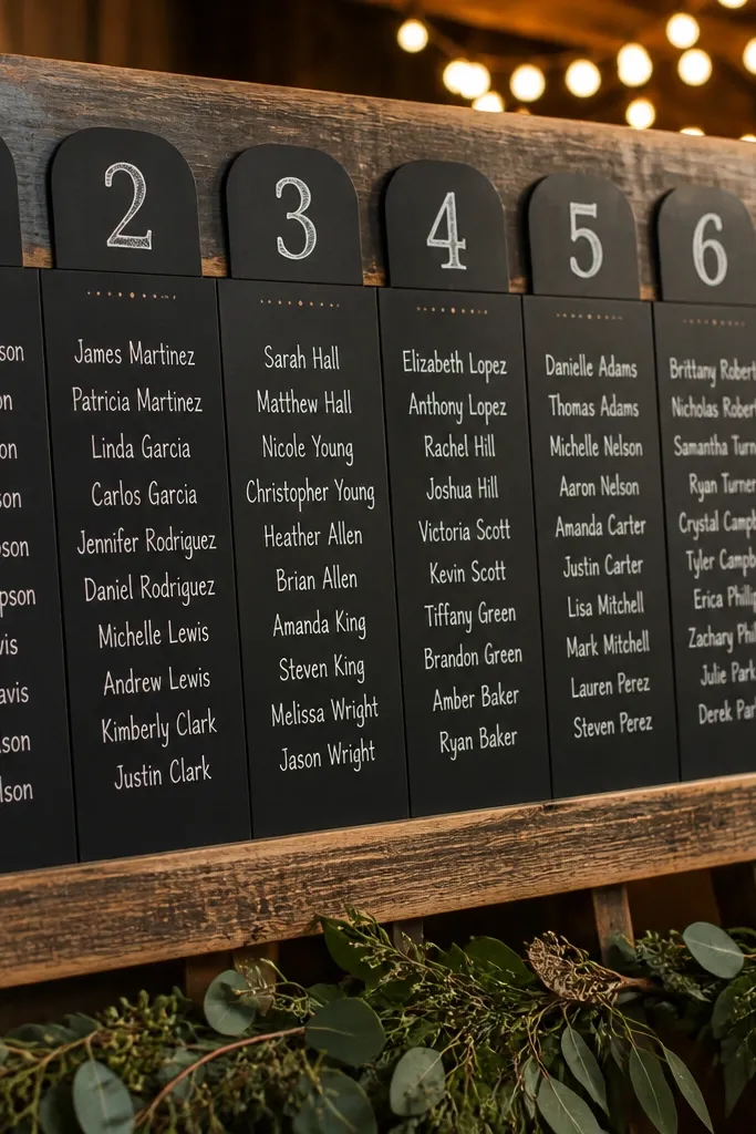 Large chalkboard with bold table tabs and neatly grouped guest names