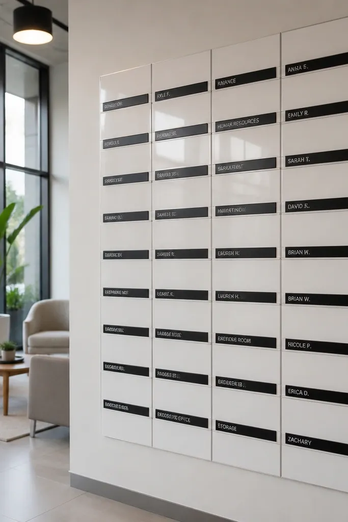 White grid board with black labels showing table numbers and guest names