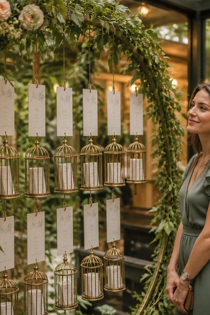 Green wreath arch with hanging cards labeled by table numbers