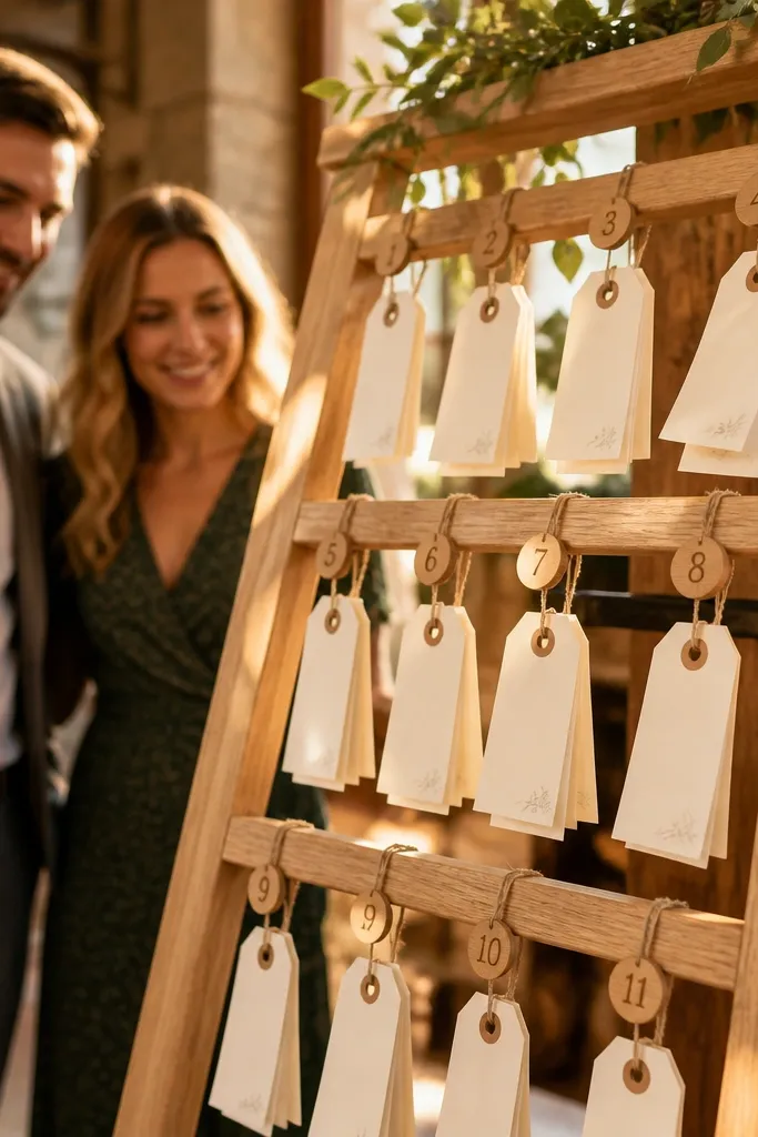 Wood slat ladder with hanging tags organized by table number