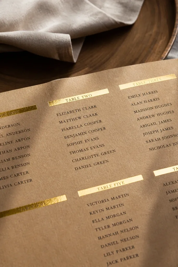 Kraft paper board with gold header strips and black guest names