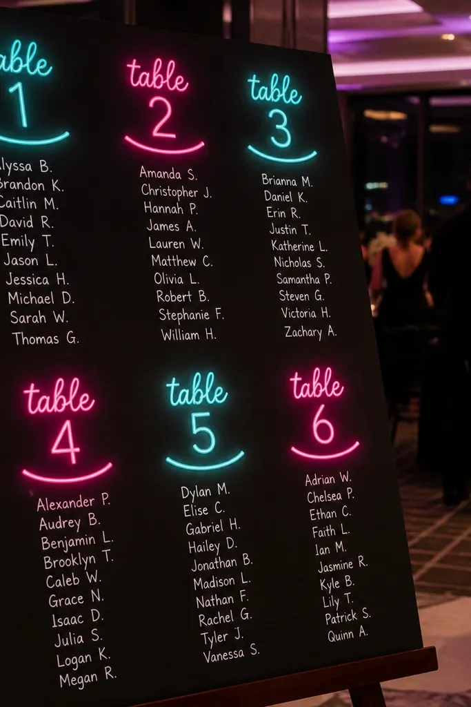 Matte black sign with bright neon-style table numbers and grouped guest names