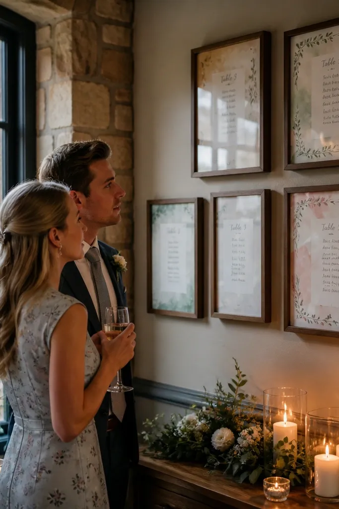 Wall of small framed cards listing guest names and table numbers like menus