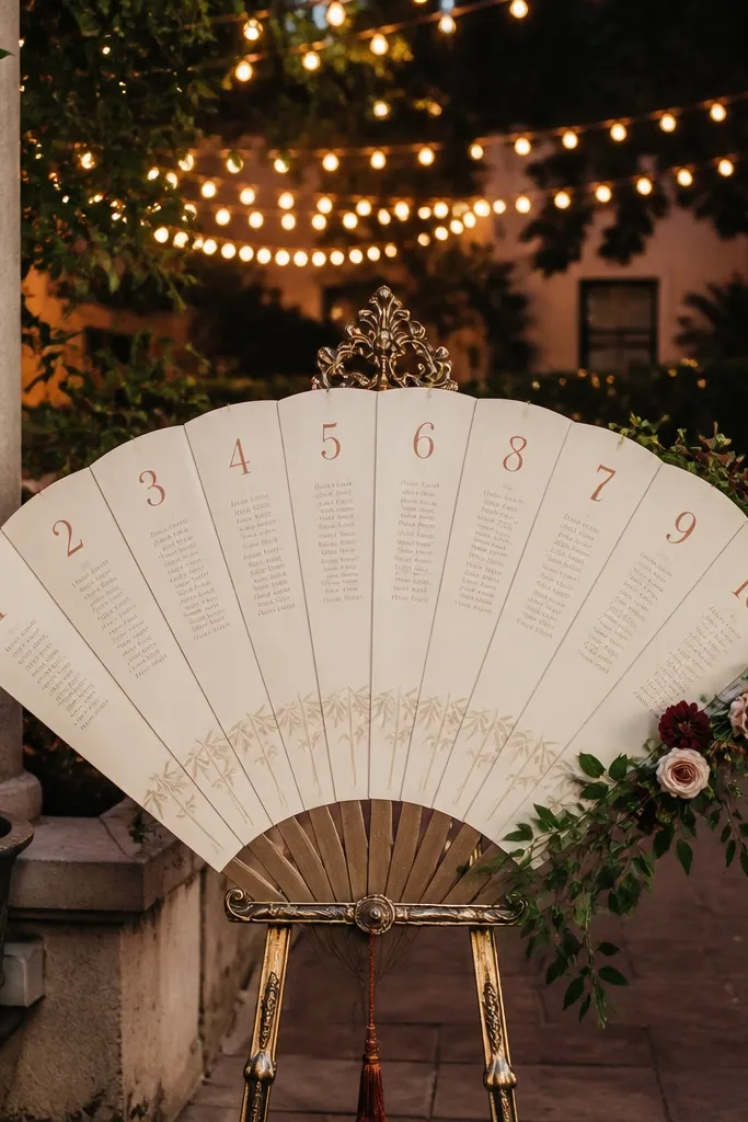 Large folding fan sign with numbered panels listing guest names