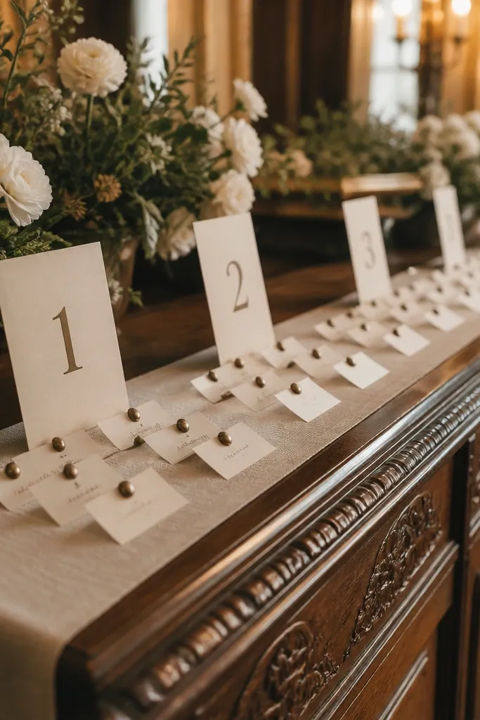 Linen runner with pinned place cards showing table numbers and guest names