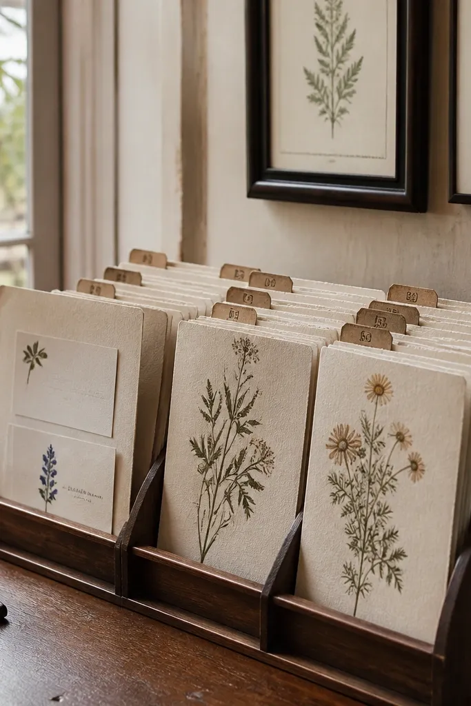 Folded botanical folders labeled with table numbers holding guest name cards