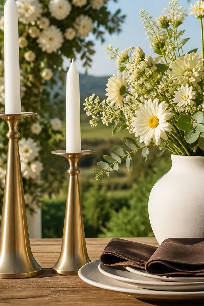 Ivory table runner with espresso napkins and champagne gold candle holders