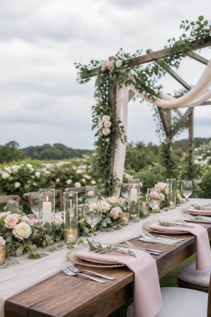 Champagne table linens with blush napkins and sage green eucalyptus garland