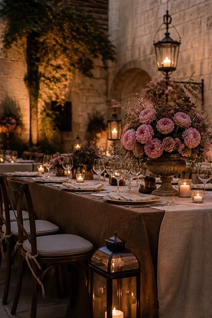 Dusty rose bouquets with cocoa ribbons and champagne gold taper candles