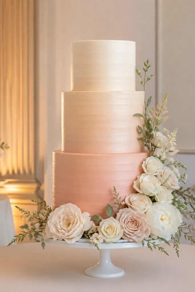 Champagne ombre cake on a warm white table with blush ribbon and gold accents