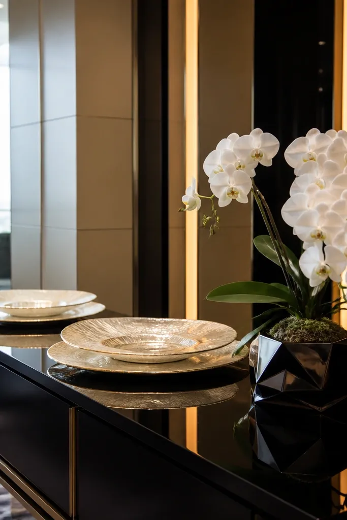 Champagne gold table with black lacquer frames and white orchid centerpieces