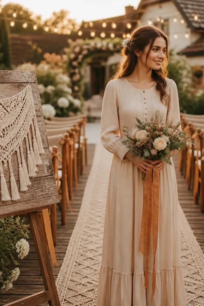 Champagne table linens with caramel ribbon and cream crochet table runners