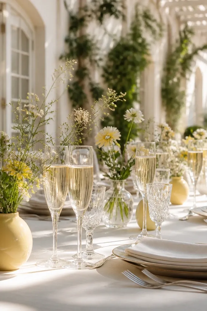 Ivory linen table with champagne-gold candles and butter yellow wildflower accents