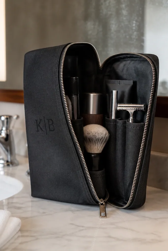 Black canvas shave kit with a small monogram tag and neatly packed blades