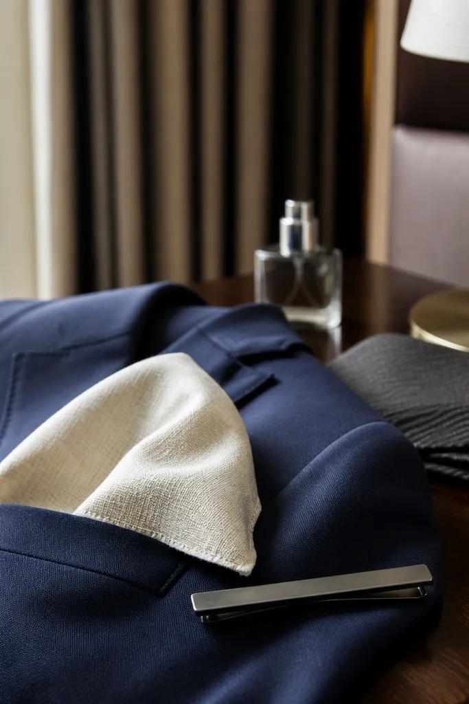 Cream linen pocket square folded with a slim silver tie bar beside it