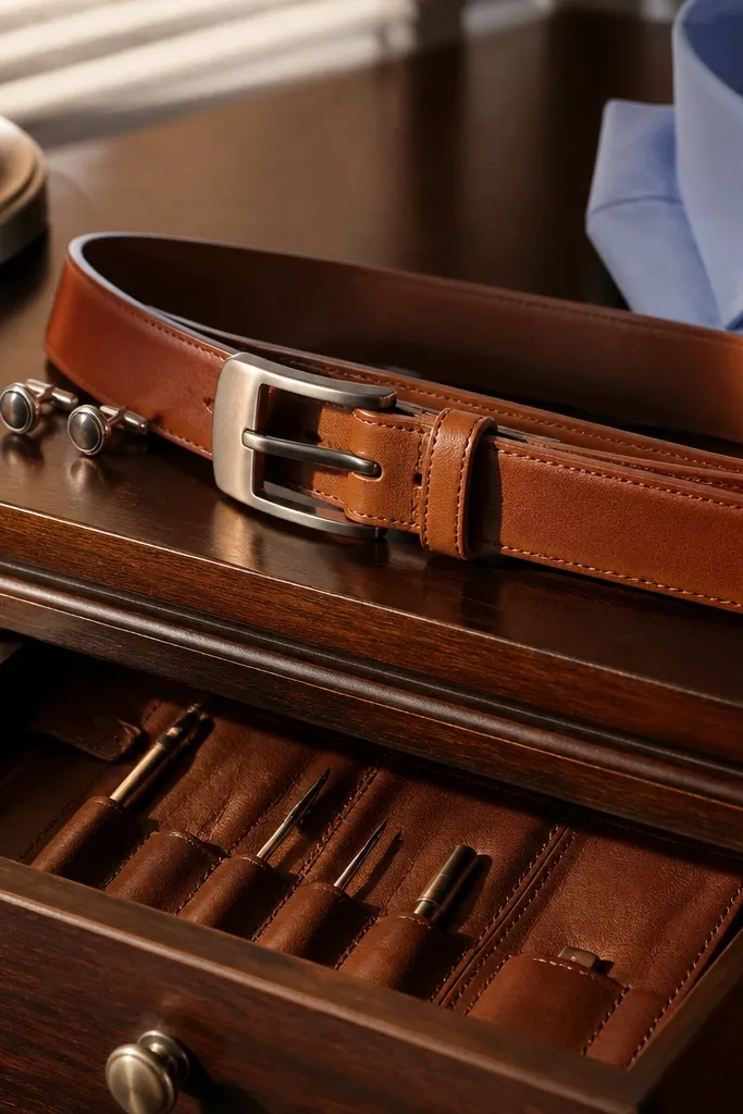 Cognac leather belt with a small rolled tool pouch tucked inside