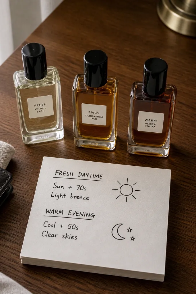 Small cologne bottles on a tray with handwritten notes beside them