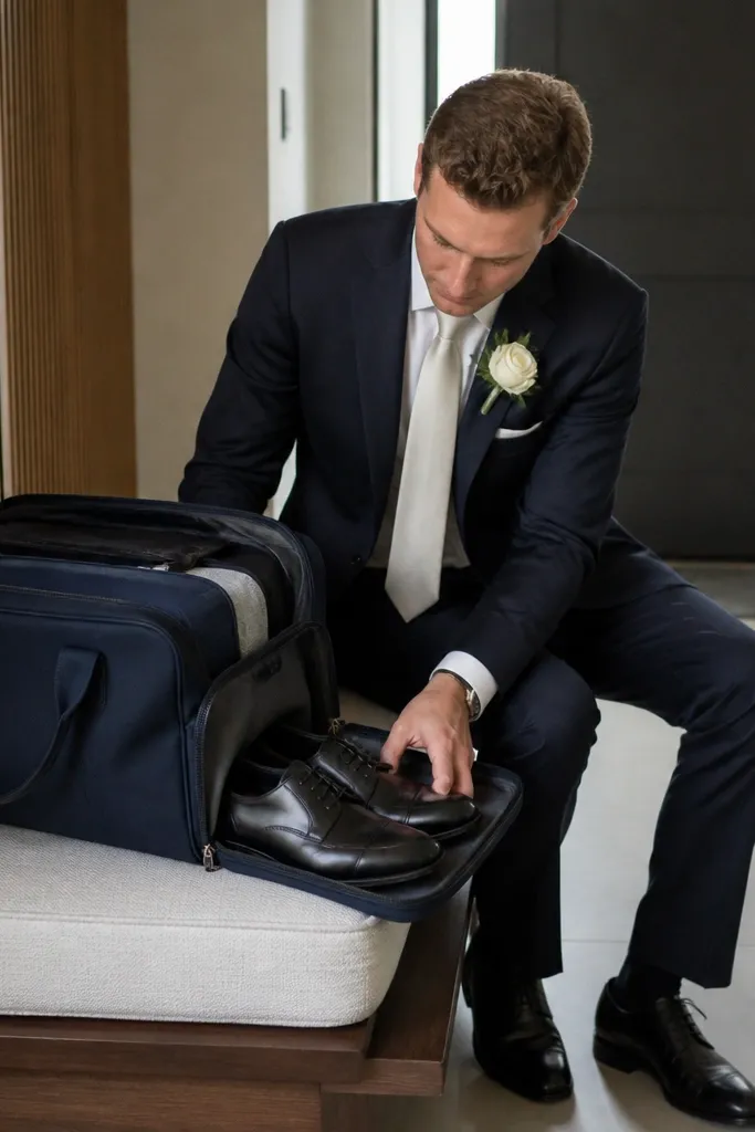 Navy duffel bag open showing a separate shoe section and folded shirts