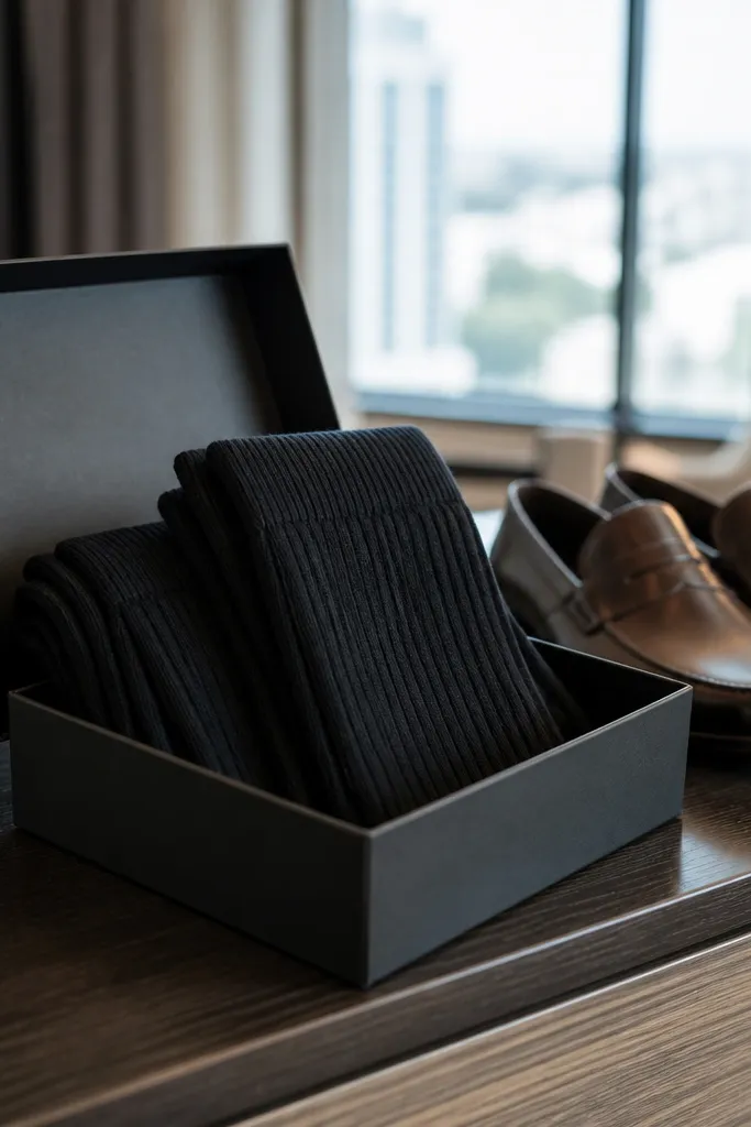 Matte black gift box holding neatly folded black crew socks
