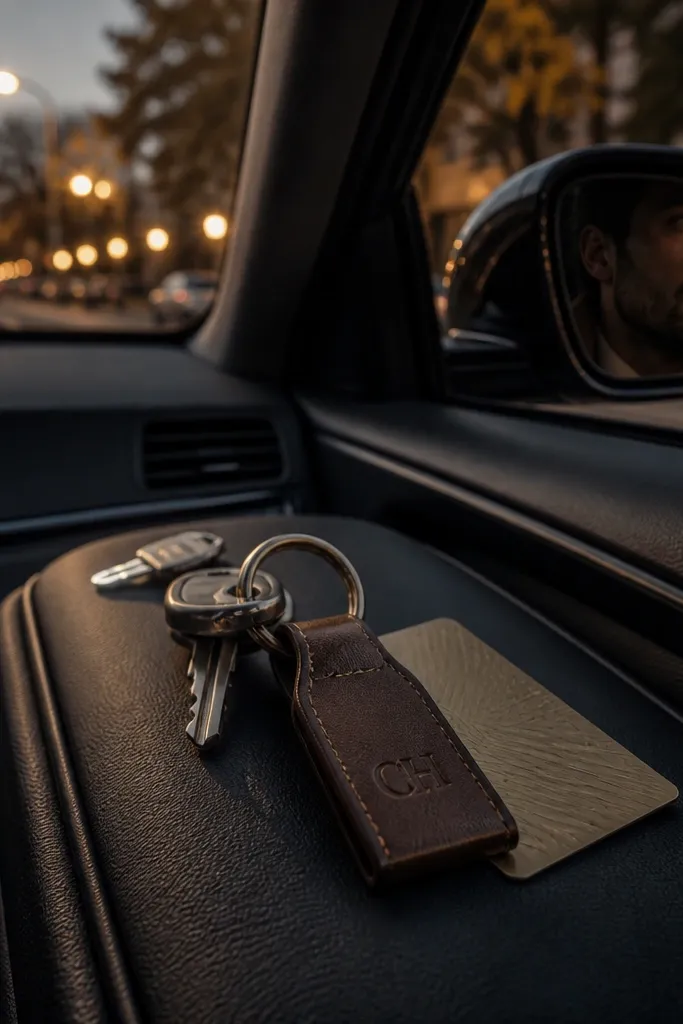Dark brown leather key fob with a stamped initial and a small metal ring
