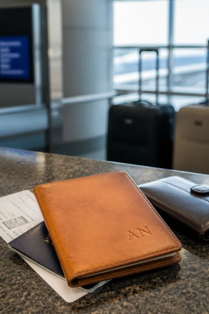 Tan passport cover with embossed initials and a passport inside