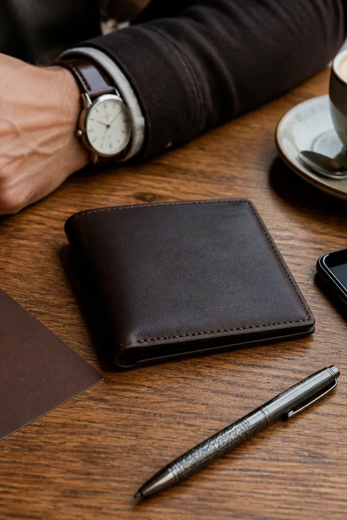 Slim black wallet with RFID label and a ribbon-tied note card