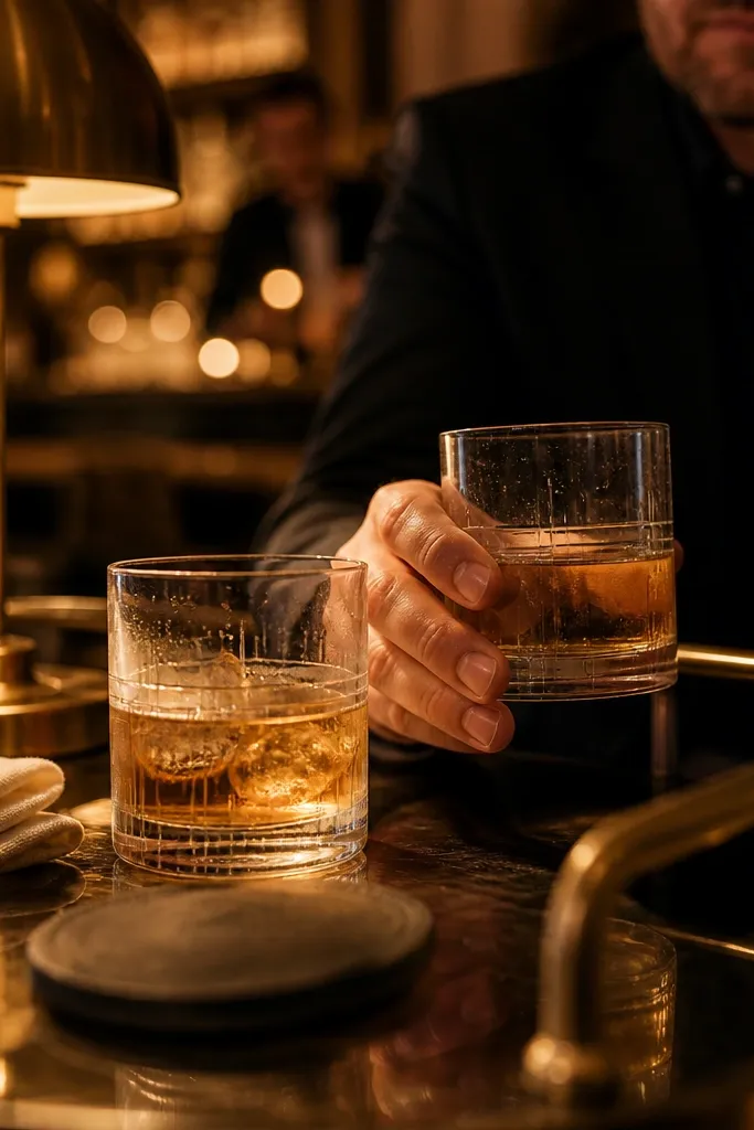 Two clear whiskey tumblers with small engraved initials on a wooden tray