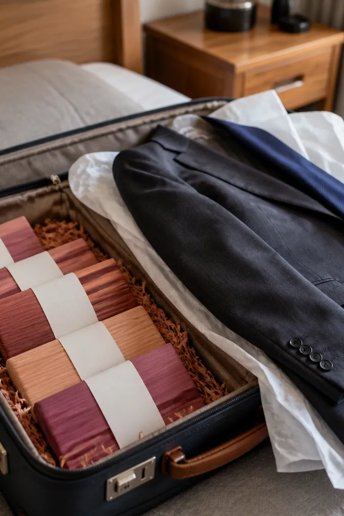Small cedar sachet squares in a travel-style box with ribbon