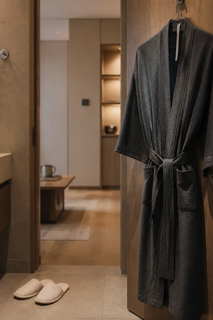 Charcoal waffle knit robe folded with a loop hanger and matching fabric belt