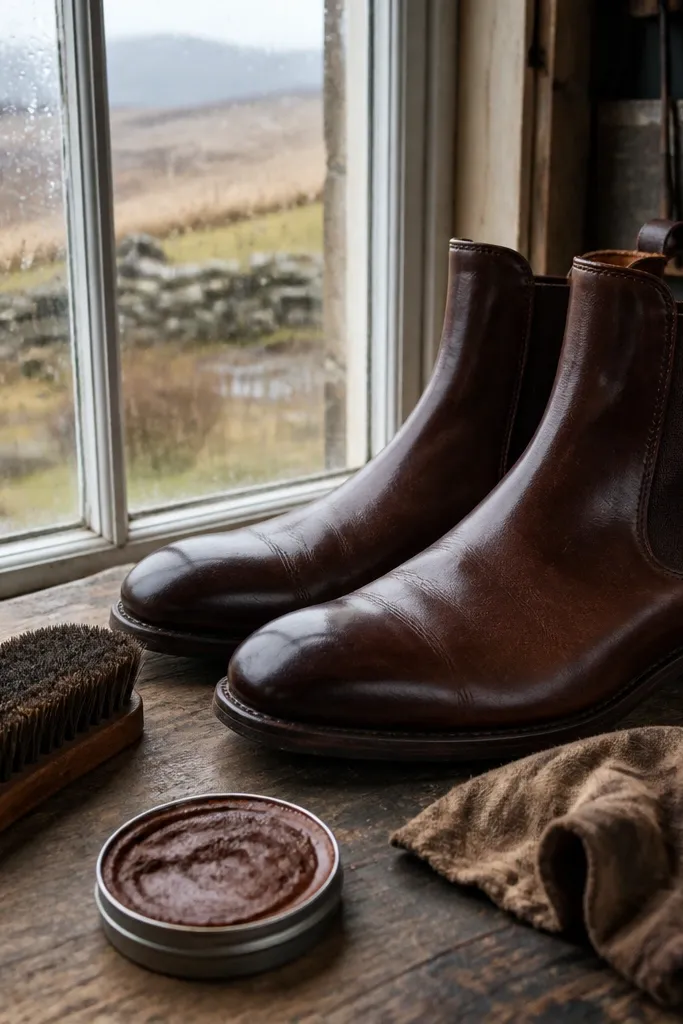 Boot care kit with brown polish, soft brush, and a cloth arranged on kraft paper
