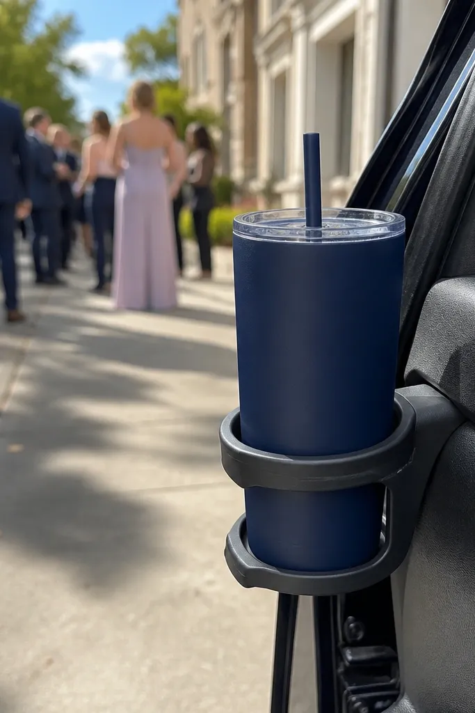 Navy insulated tumbler with a straw lid and a clear water droplet reflection