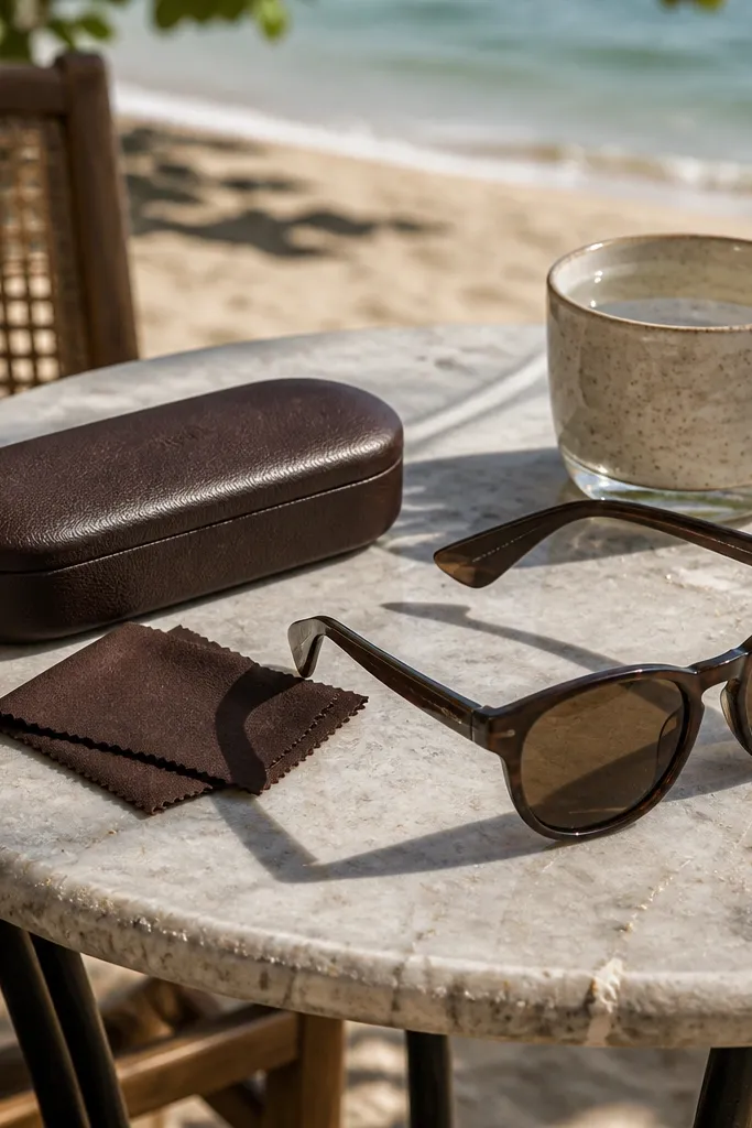 Hard sunglasses case with a ribbon and a small pack of lens wipes beside it