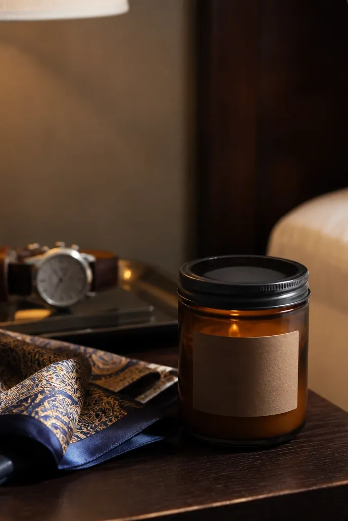 Small candle in a clear glass jar on a tray with a simple label