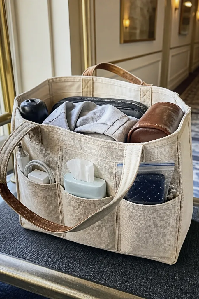 Cream tote bag with navy ink and a small divider pocket