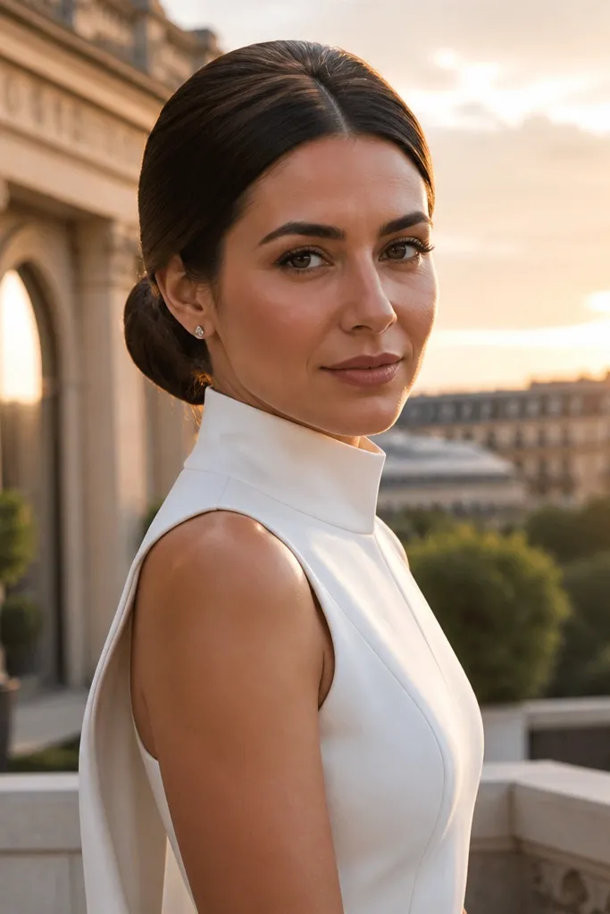Middle-part hair pulled into a smooth low bun with a small crown lift