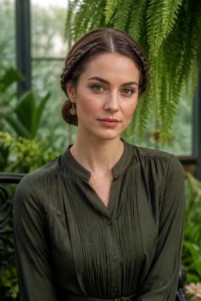 Two tiny braids frame the front corners and meet in a low bun
