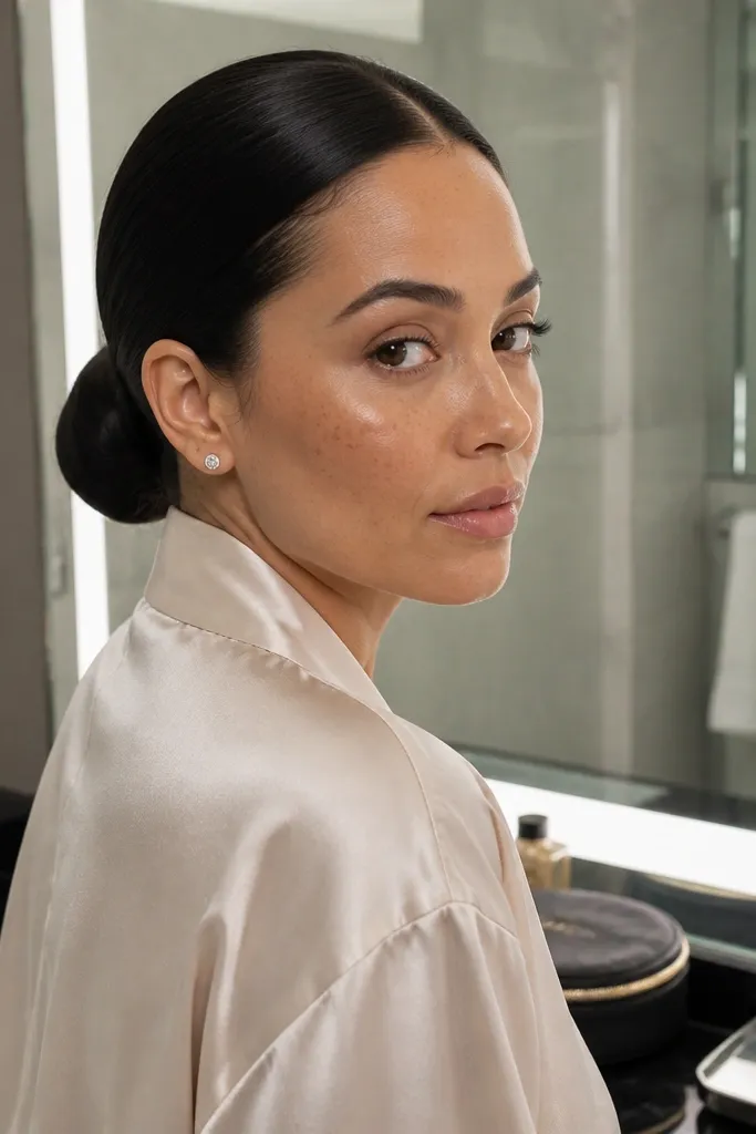 Smooth low bun with a hidden elastic base and no visible bump