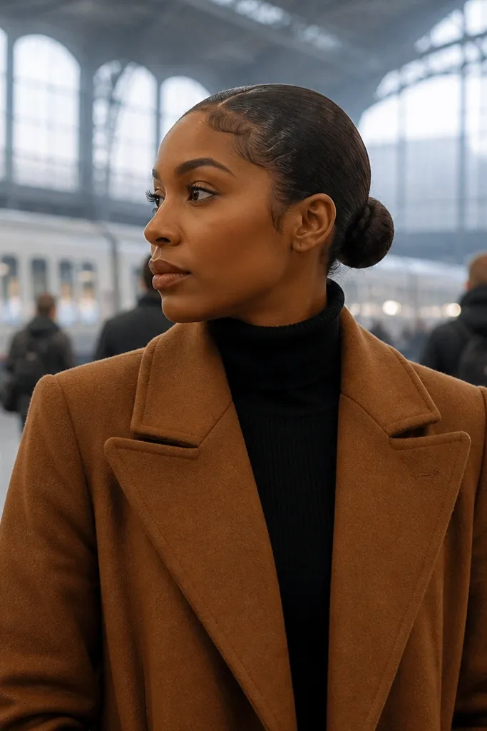Sleek low bun with smooth front edges and controlled baby hair