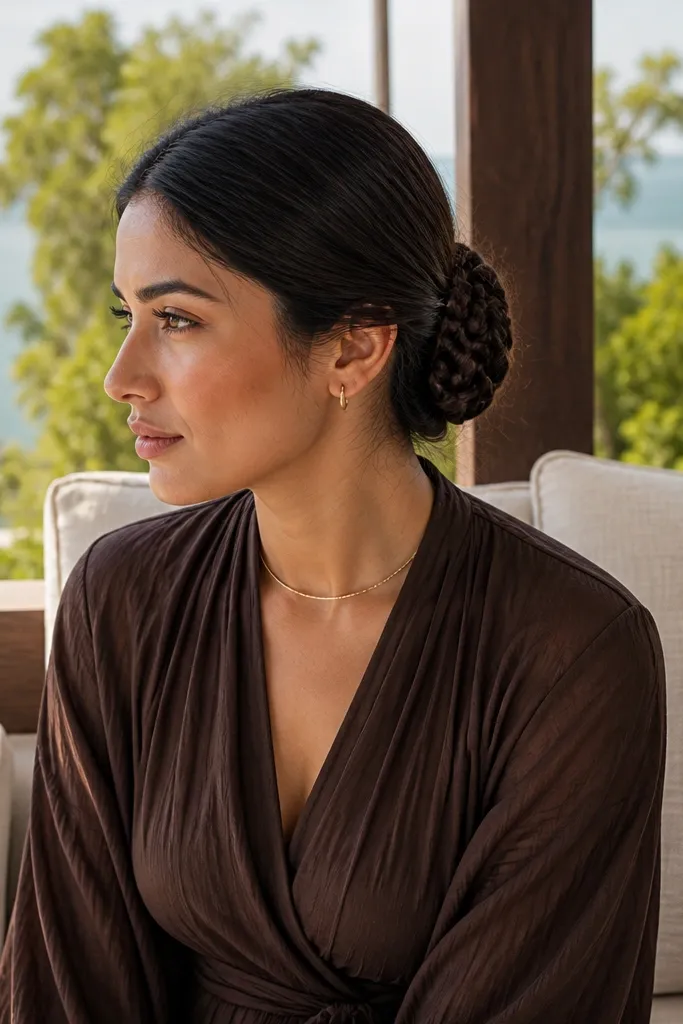 Low bun with a subtle underbraid pattern hidden inside