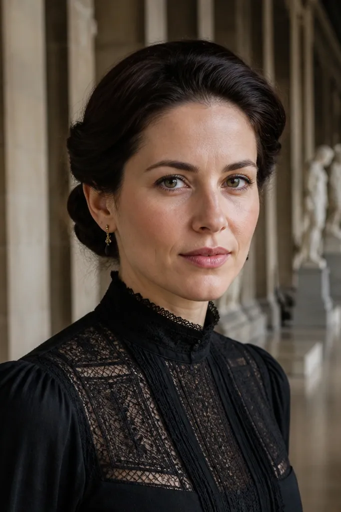 Low bun with subtle side volume shaped by pins