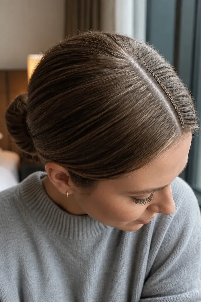 Micro braid on the part line leading into a low bun