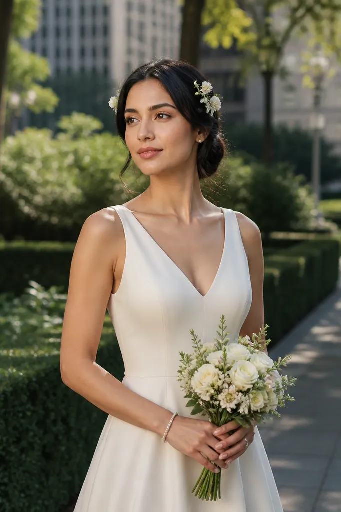 Low bun with small flower-like pins near the front corners