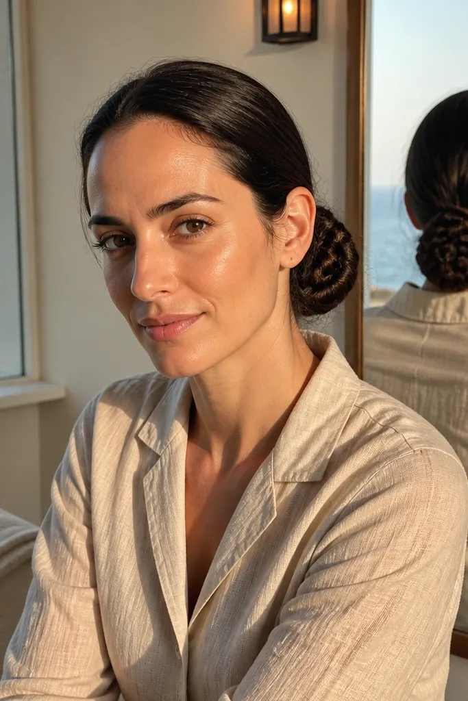 Low bun with rope-like looped twists visible near the front